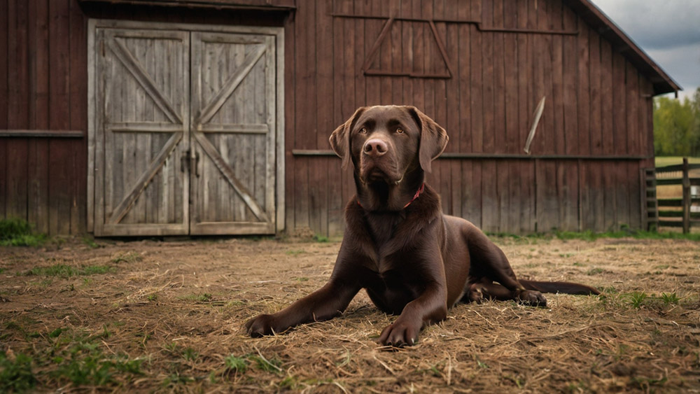 chocolate labrador on farm