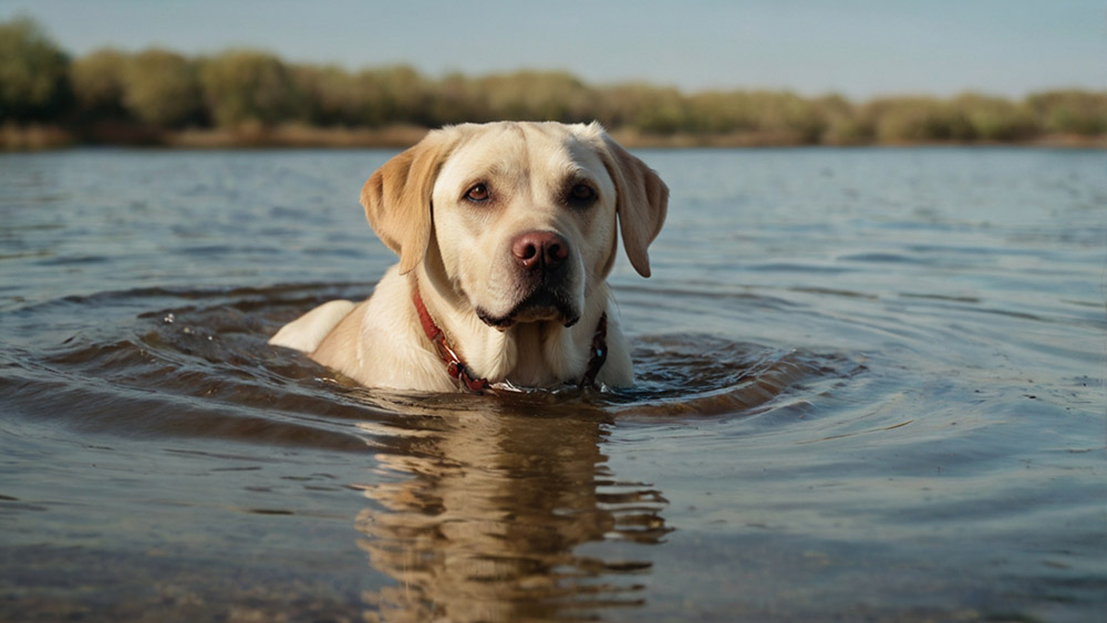 A cream-colored Labrador swims in the river