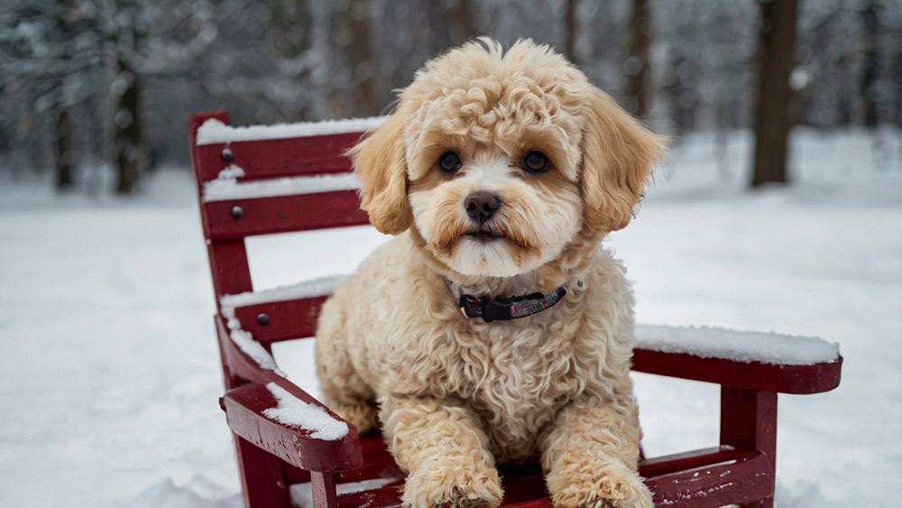 cream puppy Maltipoo on snow