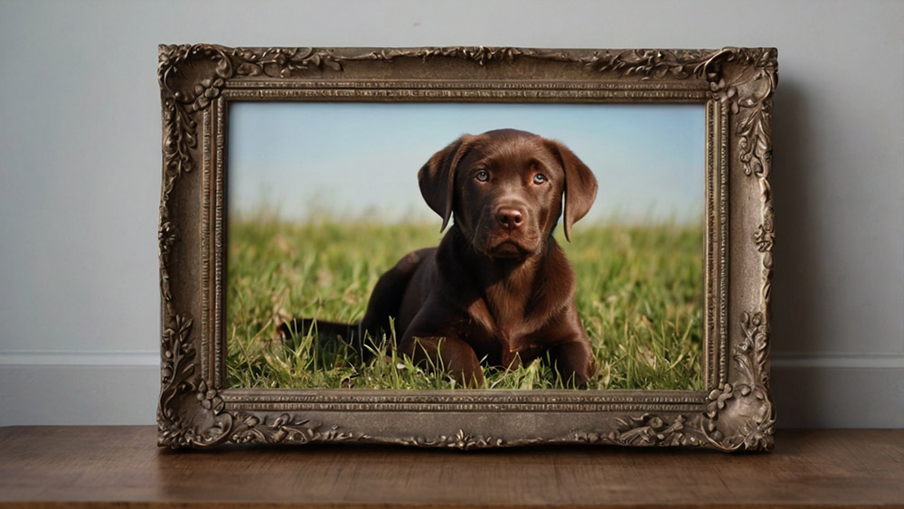 A cute chocolate Labrador in a painting