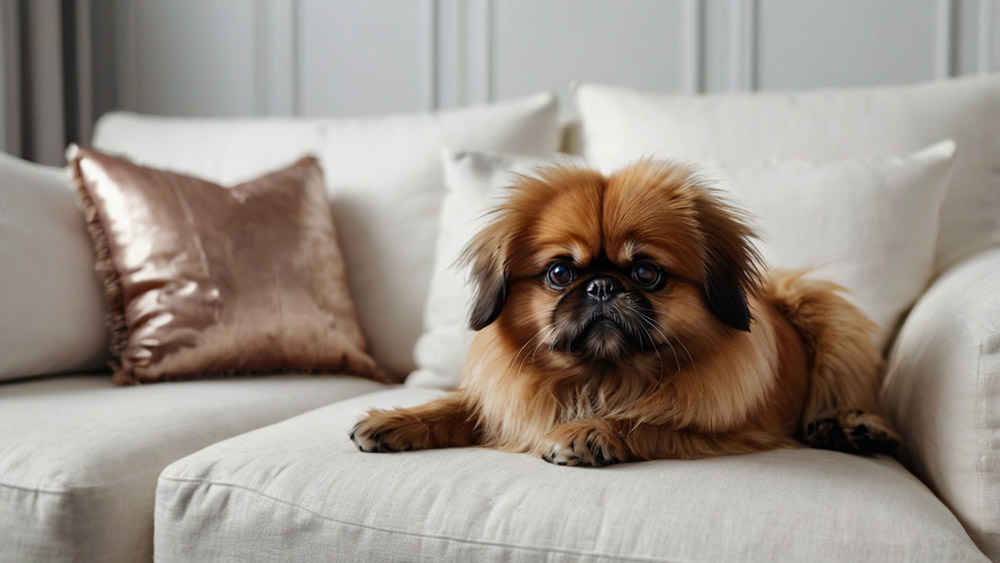 ginger pekignese on the white sofa