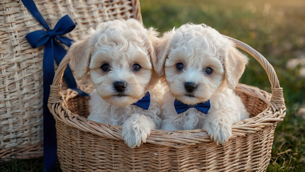 two puppy maltipoo male in basket