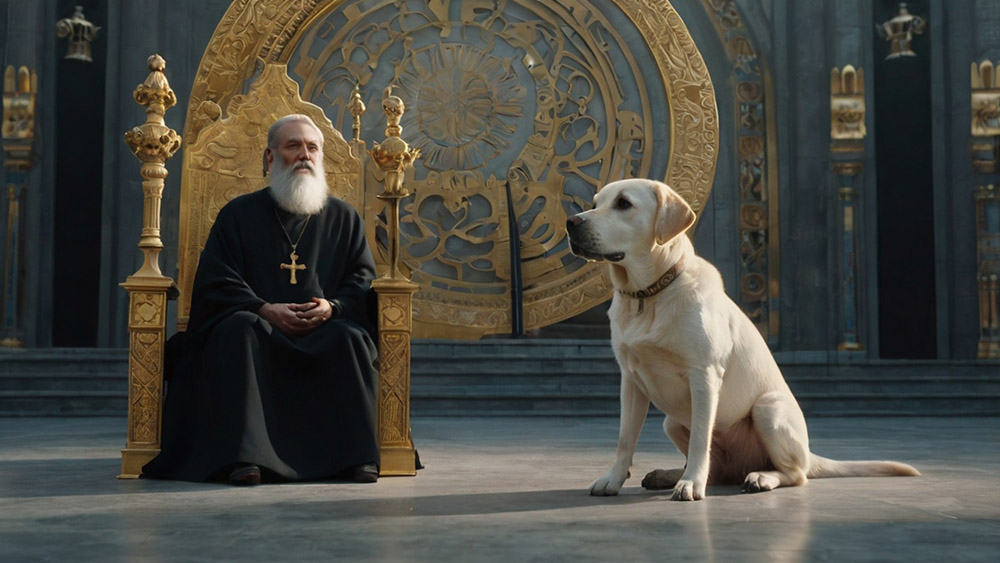 A white Labrador next to God