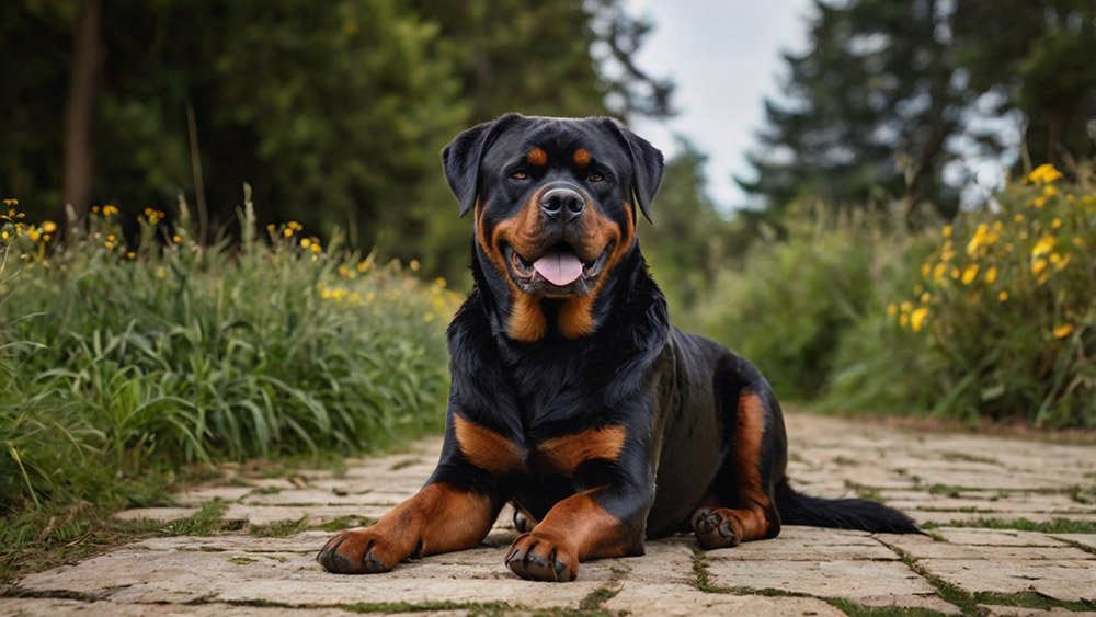 A Rottweiler is lying on a path.