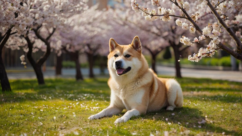 Yellow Akita under cherry blossoms