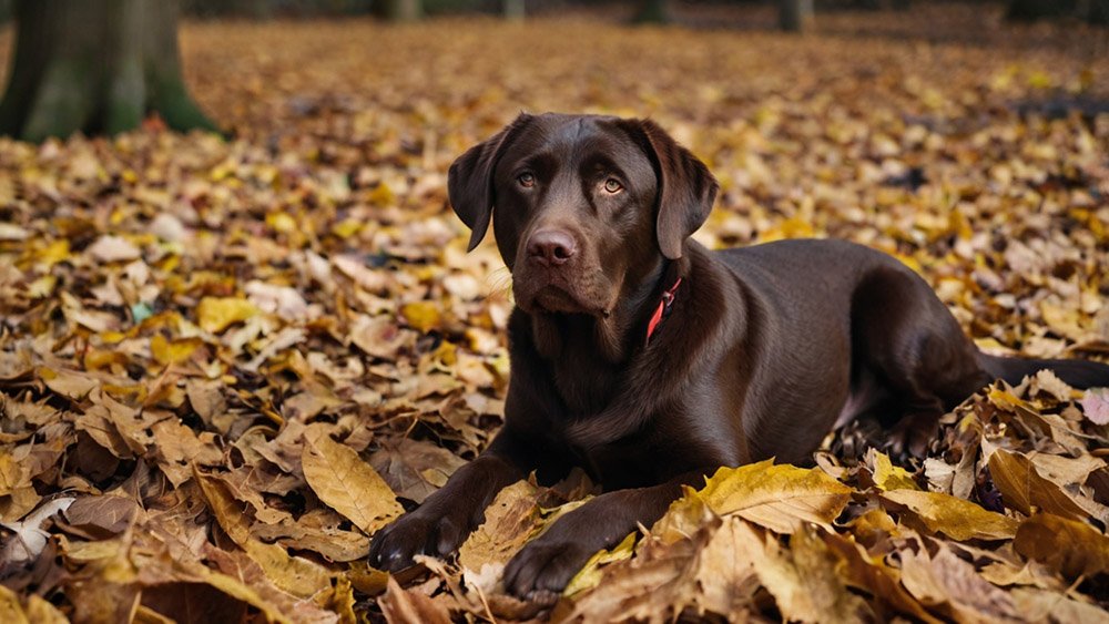 chocolate Lab on fallen leaves