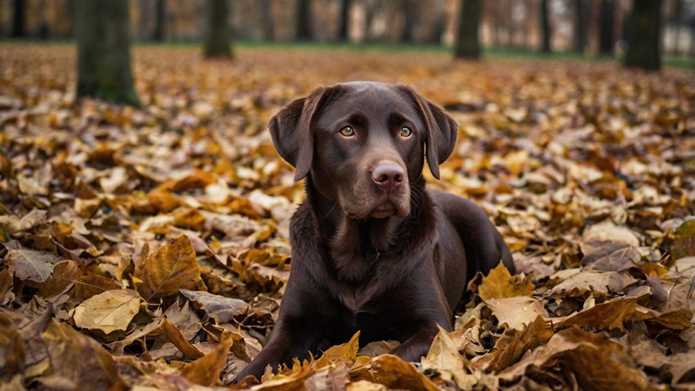 chocolate Labrador on leaves