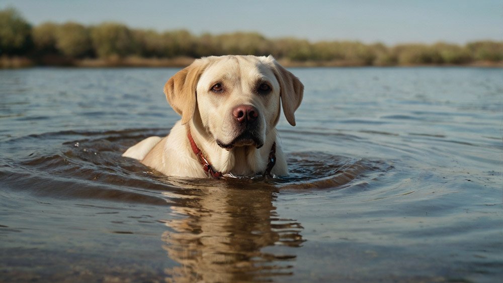 A cream-colored Labrador swims in the river