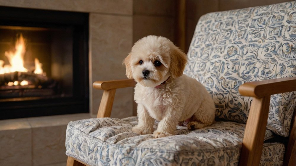 cream maltipoo on a chair next to the fireplace.