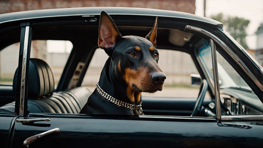 doberman in gangster car
