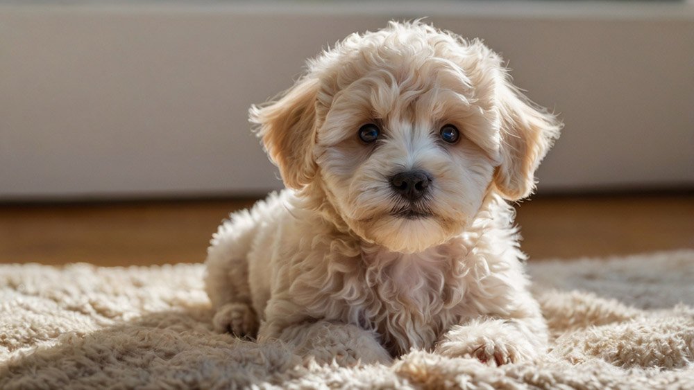 A soft, white Maltipoo puppy sitting quietly on a cozy rug, looking up with bright, soulful eyes, bathed in natural window light