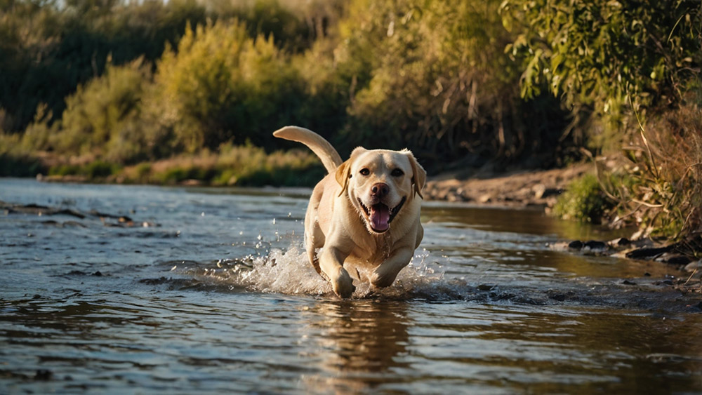 yellow lab run on river