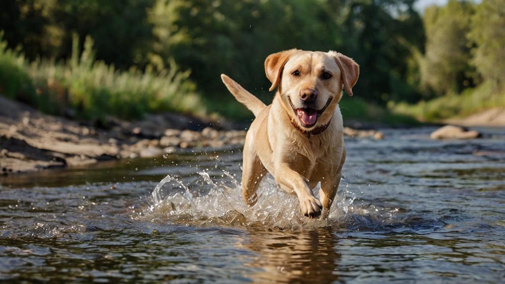yellow lab dog on river