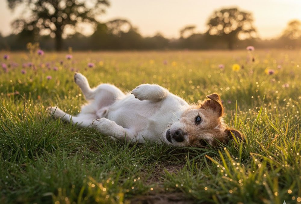 Russell Terrier lying on the grass