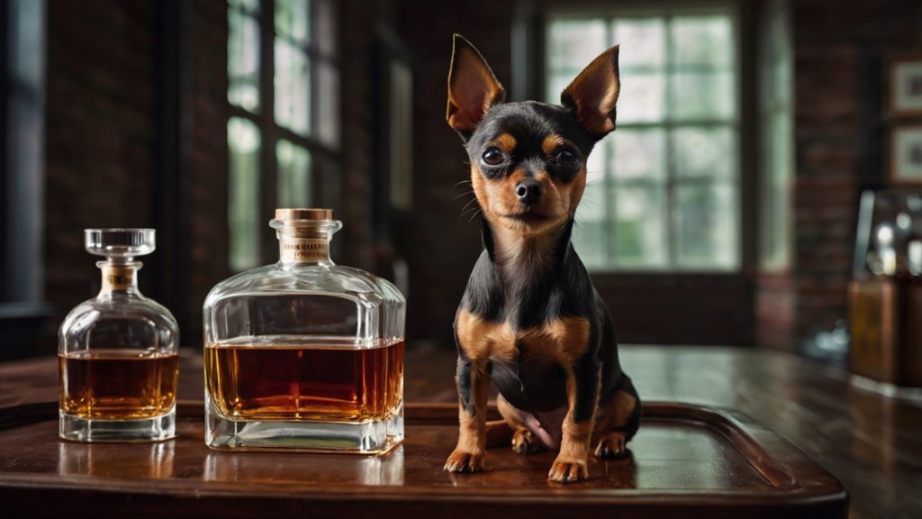 Toy Terrier on a tray with whiskey
