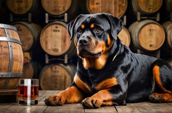Whiskey and Bourbon Dog Names. A Rottweiler lies against a background of whiskey barrels.