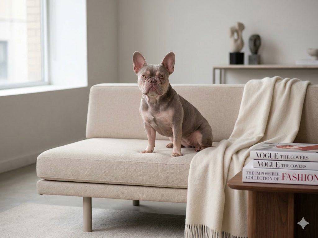 An elegant solid lilac French Bulldog with a smooth dusty-grey coat and light amber eyes resting on a beige sofa