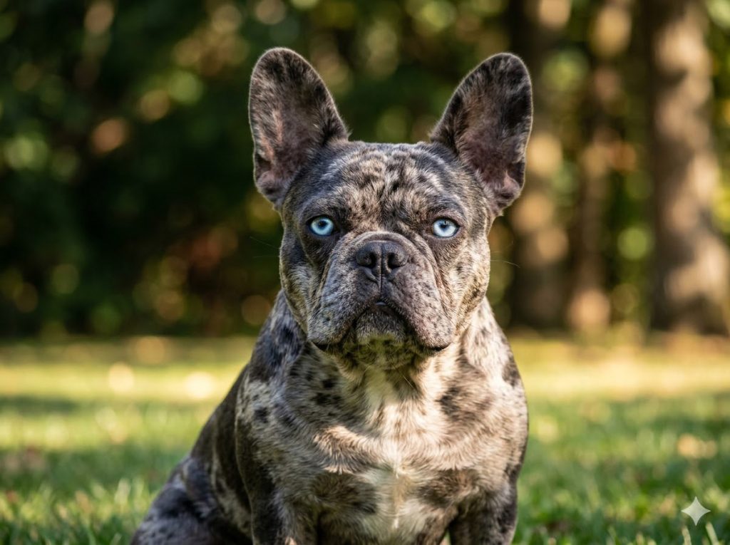 A cute blue merle French Bulldog with a beautiful mottled coat and striking blue eyes sitting outdoors