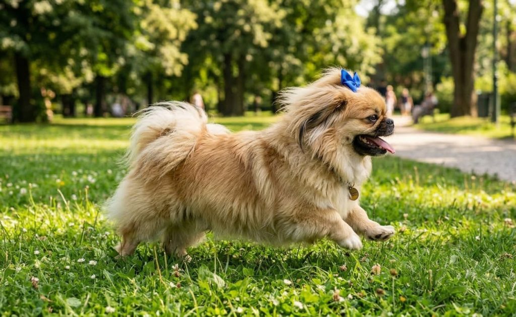 pekingese male running on park