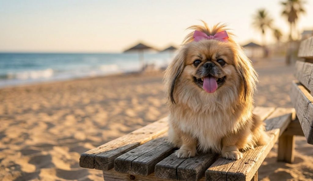 Pekingese girl on a beach bench, portrait