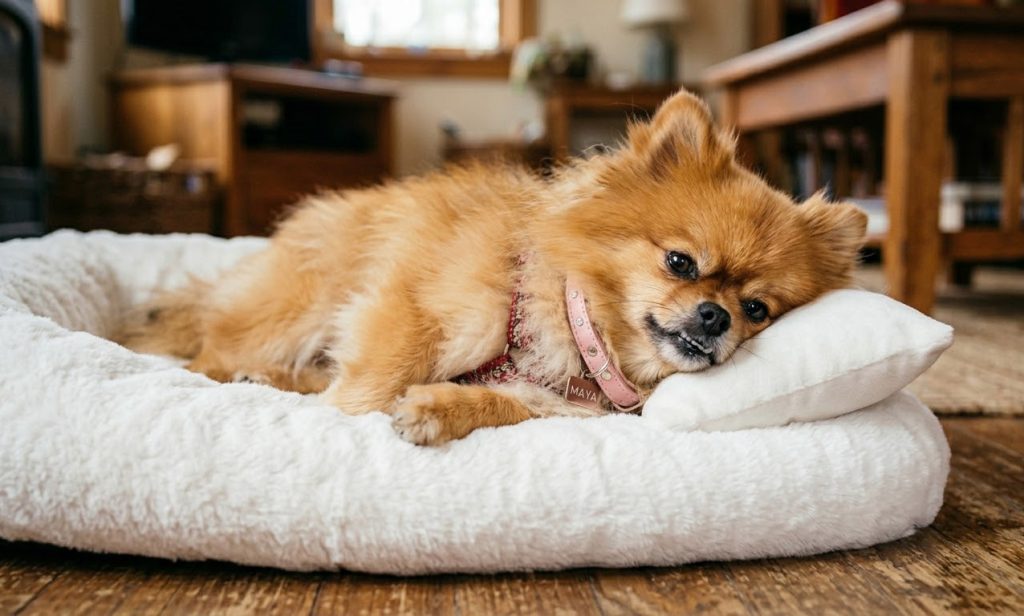 a Pomeranian lies in its crib
