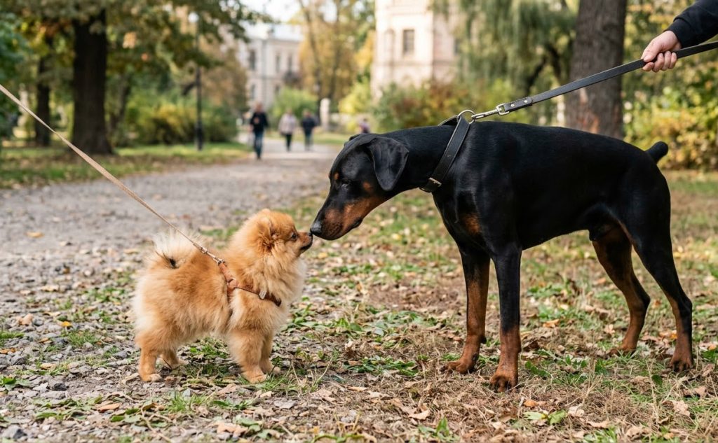 A Pomeranian sniffs a Doberman on the street