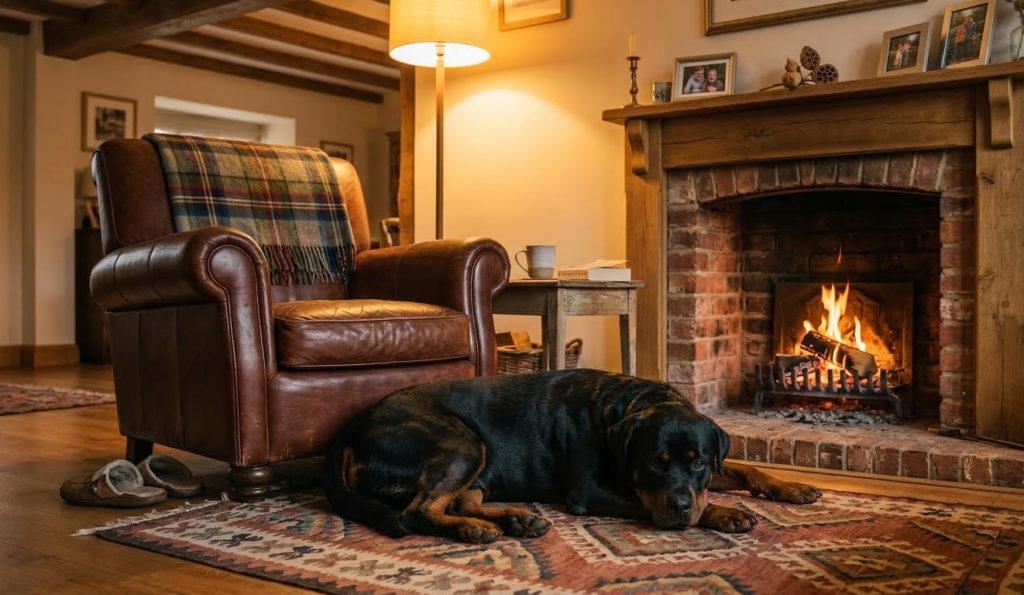 a Rottweiler is lying next to a chair
