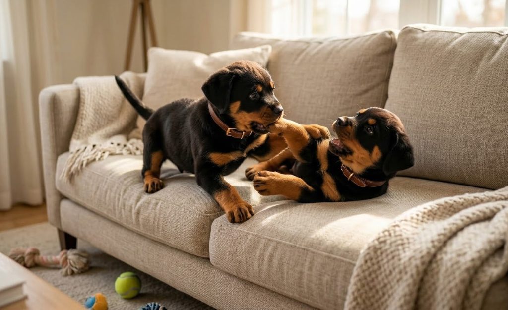 Two Rottweiler puppies play tenderly