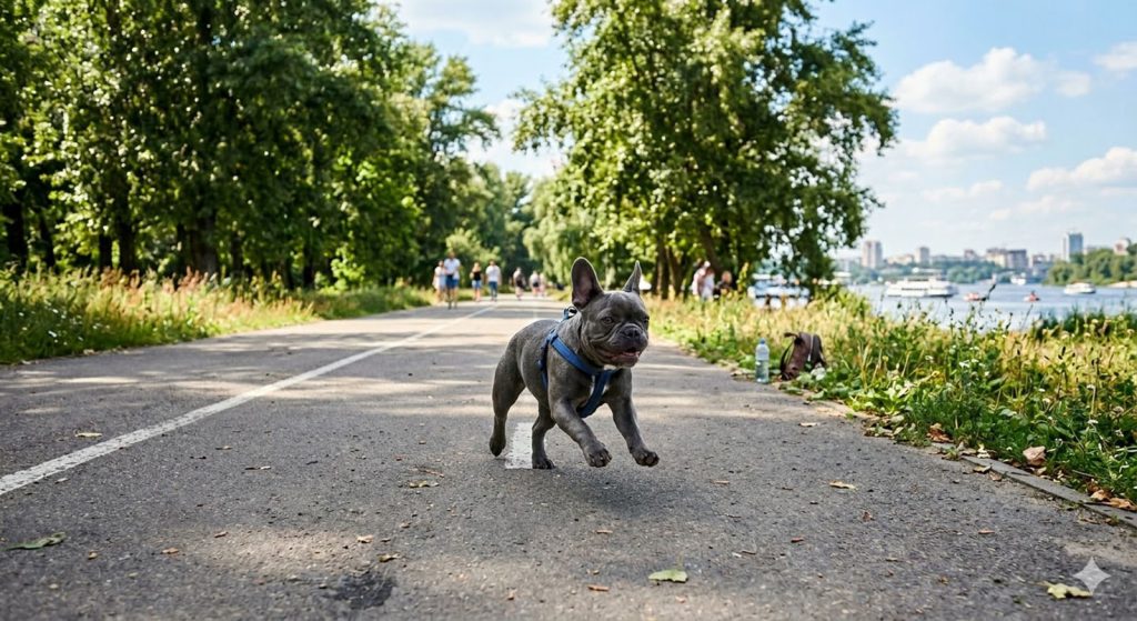 Blue Girl French Bulldog runs along the bike path