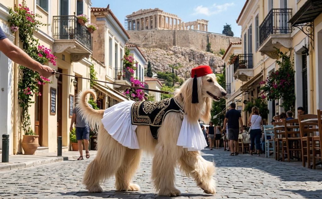 An Afghan hound dressed in traditional Greek clothing walks through the streets of Athens.