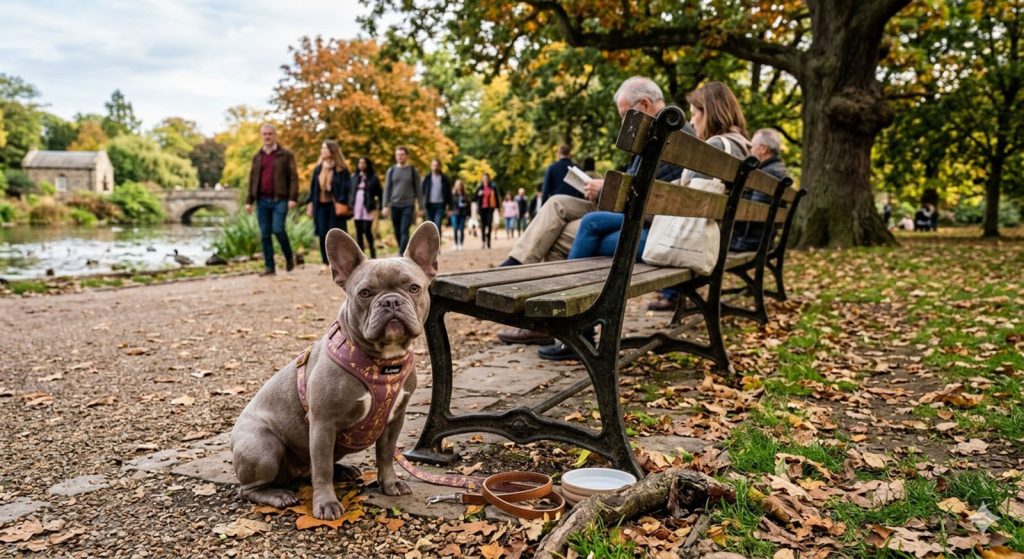 A lilac French bulldog next to a park bench