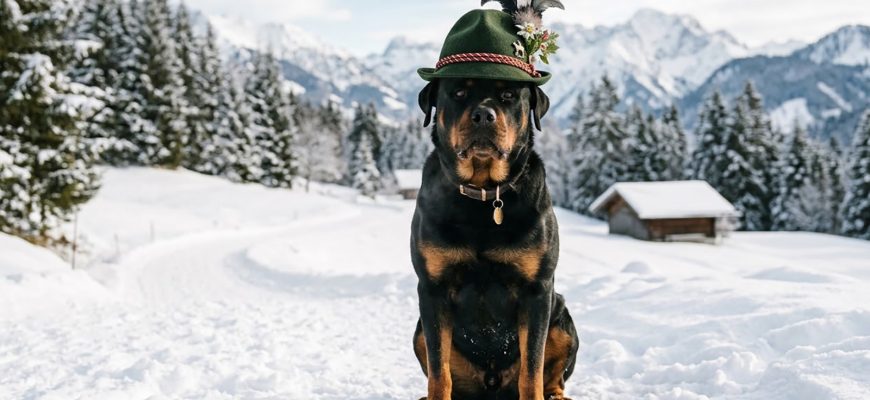 Rottweiler wearing a German cap against a backdrop of mountains