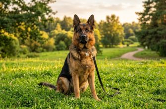 A German Shepherd sits on the grass and looks into the distance.