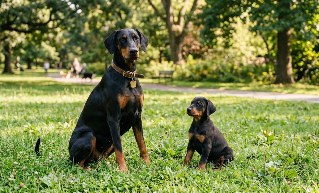 A Doberman girl and a puppy are sitting in the park on a walk