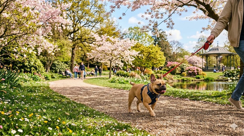 French bulldog boy on a walk in the park