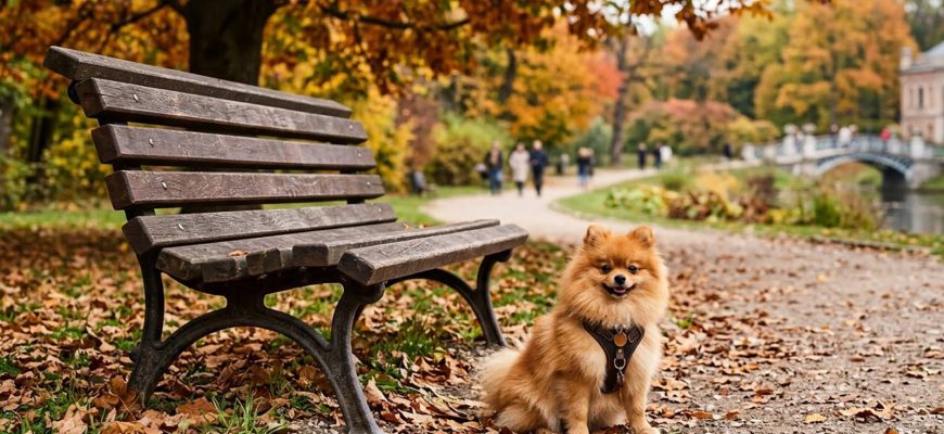 fluffy orange male Pomeranian dog sitting in the park