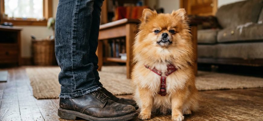 The Pomeranian sits next to its owner and guards him.