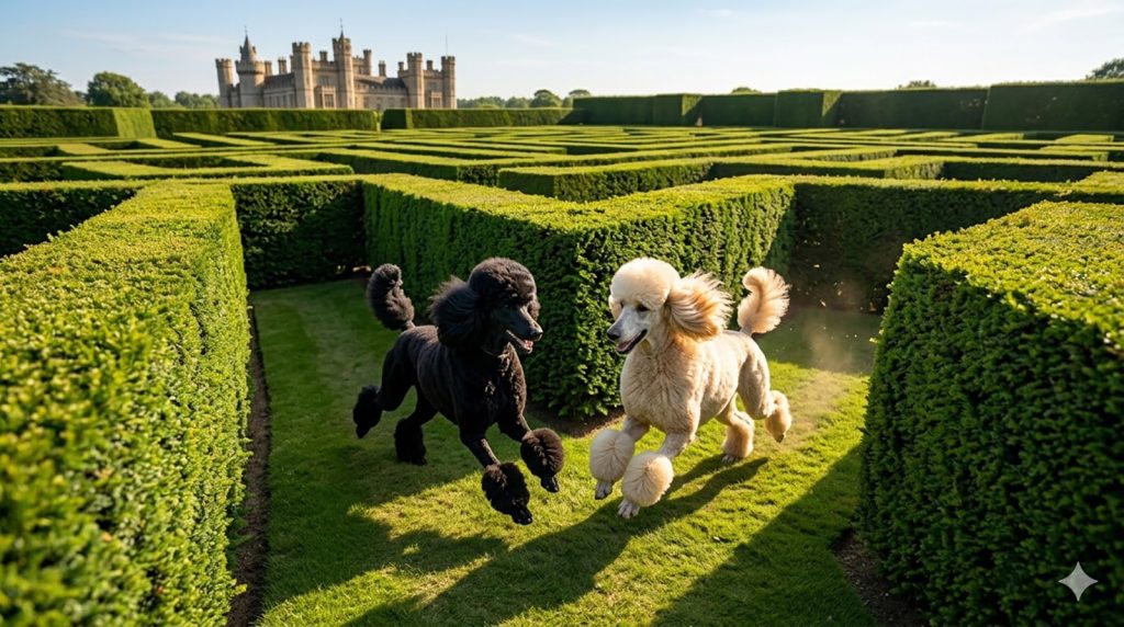 Two poodles run towards each other in a maze. Especially for the article