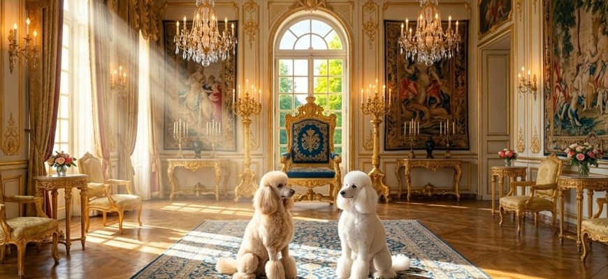 Two poodles sit next to a throne in a castle. Especially for the article: Female Names for Poodles