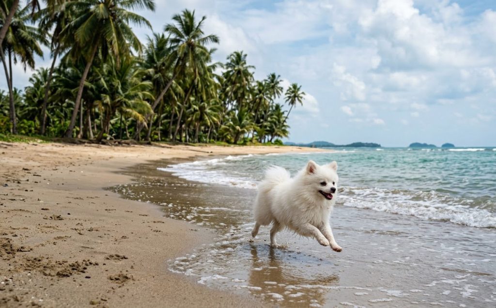 A funny white Pomeranian runs along the beach