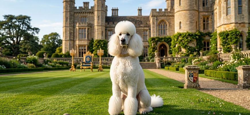A white poodle with a haircut sits next to a castle. Especially for the article