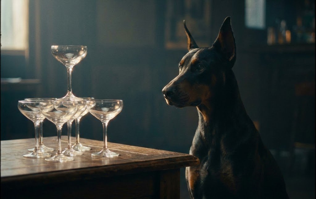 Doberman guards margarita glasses
