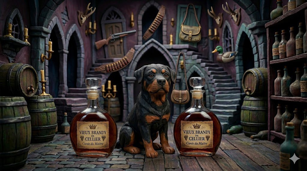 A Rottweiler sits between two bottles of brandy.