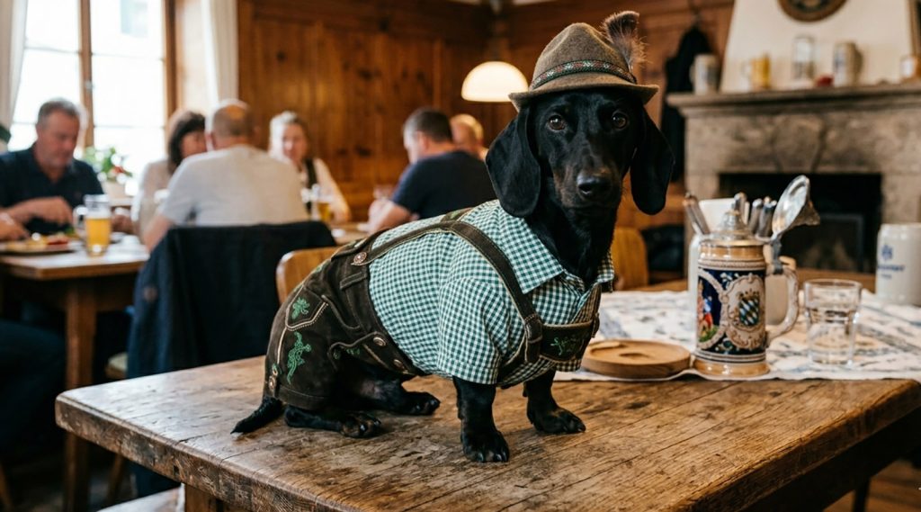 A black male dachshund sits on a wooden table in traditional German clothing
