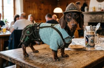 A chocolate dachshund stands on a table in a traditional German costume — popular dachshund names
