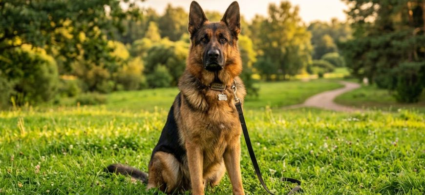 A German Shepherd sits on the grass and looks into the distance.