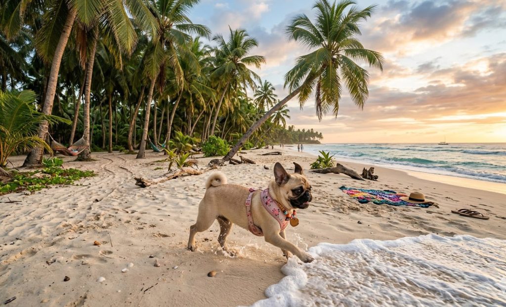 A pug walks along the beach under palm trees
