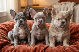 Three rare French Bulldog puppies including a blue merle, a solid lilac, and a fluffy Frenchie sitting together