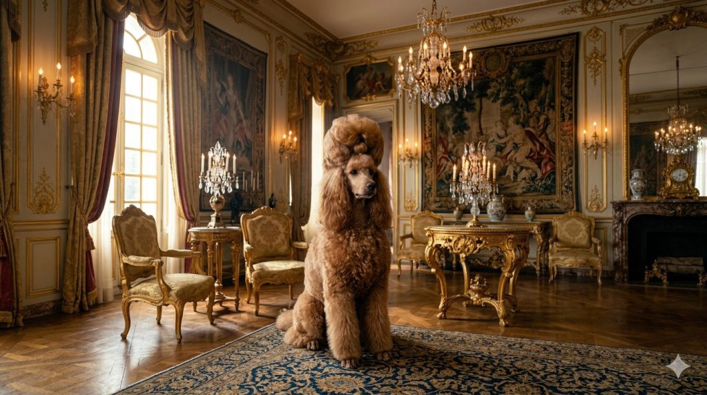 A red-haired female poodle sits in a castle. Especially for the article: Female Names for Poodles