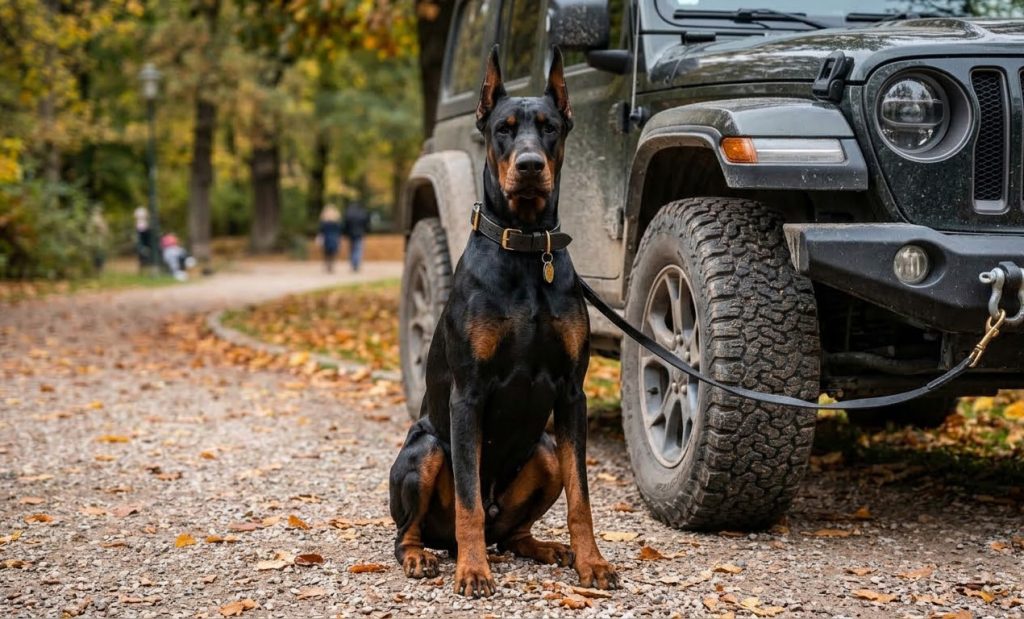 A stern Doberman guards a jeep